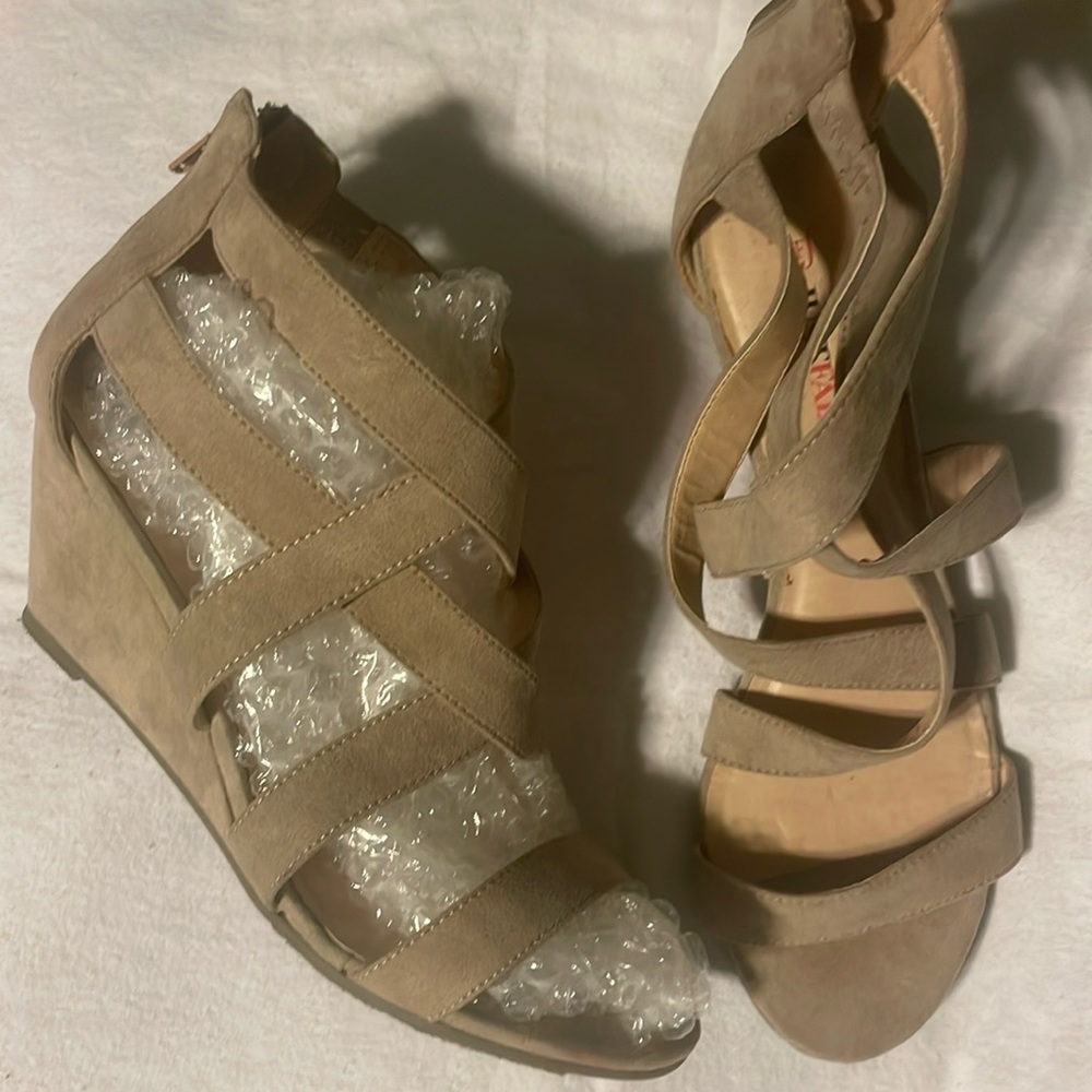 Just Fab Tan Suede Cutout Wedges worn once.